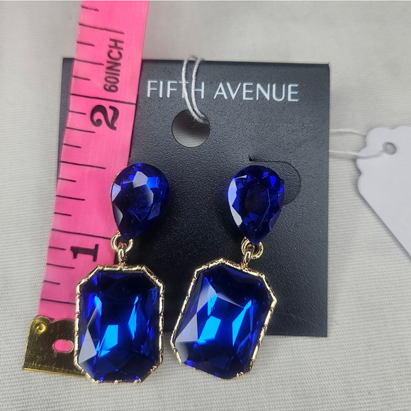 Saks Fifth Avenue Blue Rectangle Cut Rhinestone Earring Gold Tone NWT - Picture 5 of 8